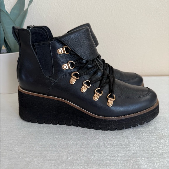 Cole Haan Black Leather Lace Up Wedge Waterproof Ankle Boots - Picture 4 of 11
